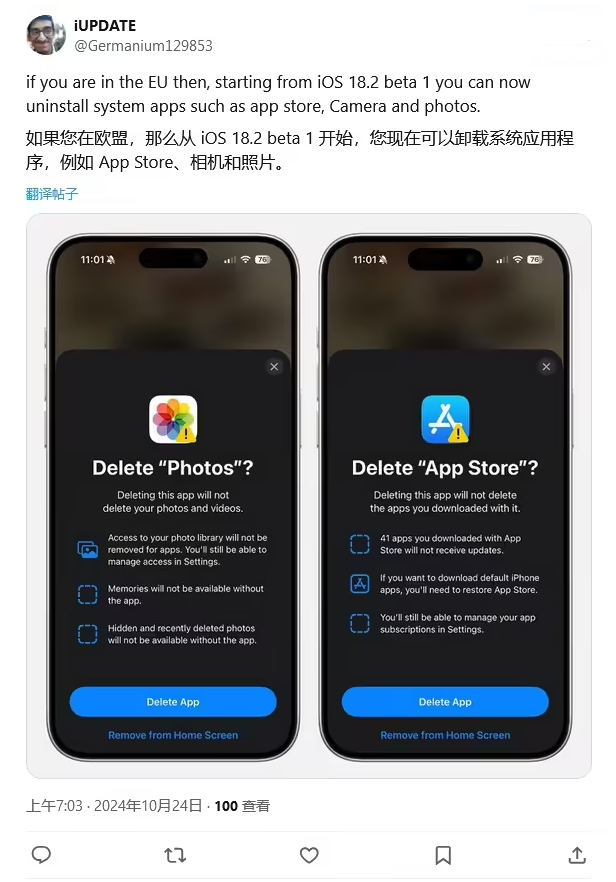 紫云苹果手机维修分享iOS 18.2 支持删除 App Store 应用商店 