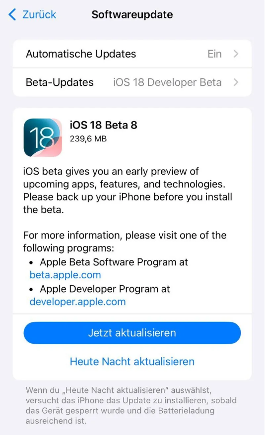 紫云苹果手机维修分享苹果 iOS / iPadOS 18 开发者预览版 Beta 8 发布 